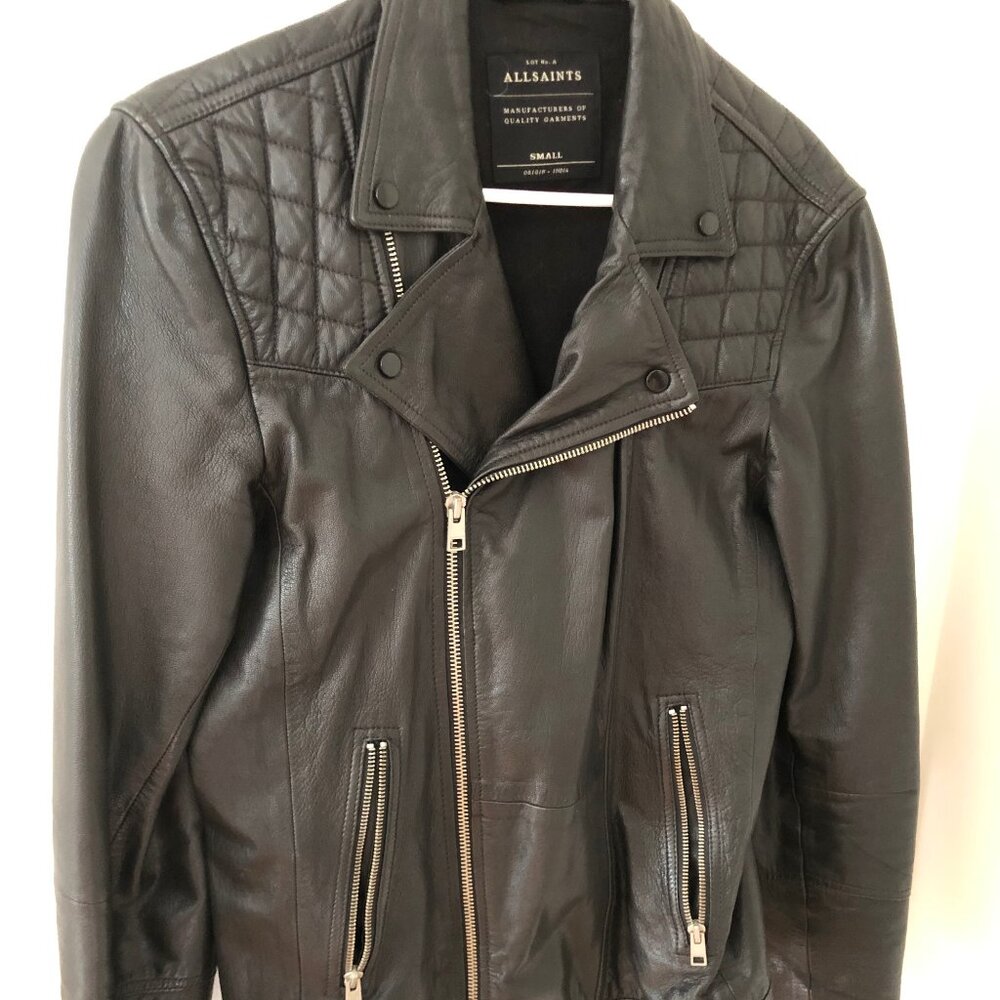 Men's All Saints Iconic Black Leather Motorcycle With Quilted Details Size Small